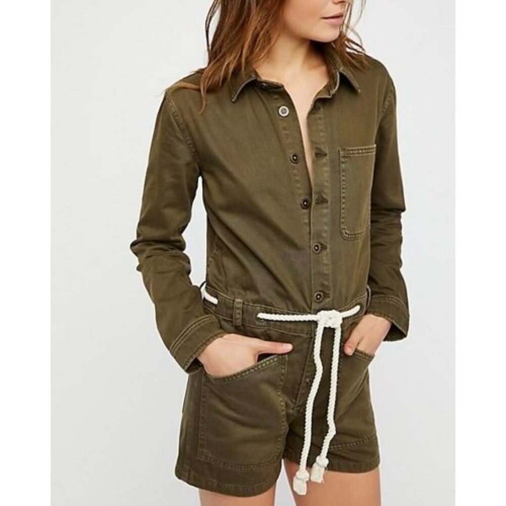 Free People Out in the Thunder Utility Green Romper XS